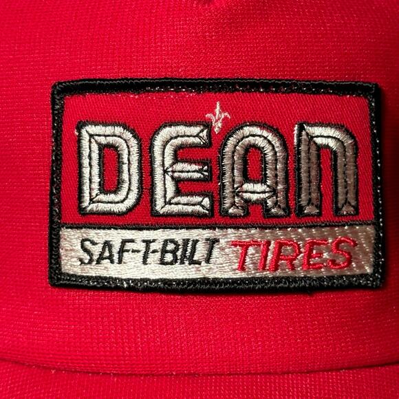 Vintage Dean Saf-t-Bilt Tires Hat Red Snapback Trucker Patch‎ Logo Made In USA - Picture 2 of 9